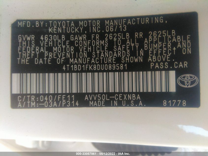 2013 TOYOTA CAMRY HYBRID LE/XLE 4T1BD1FK8DU089581