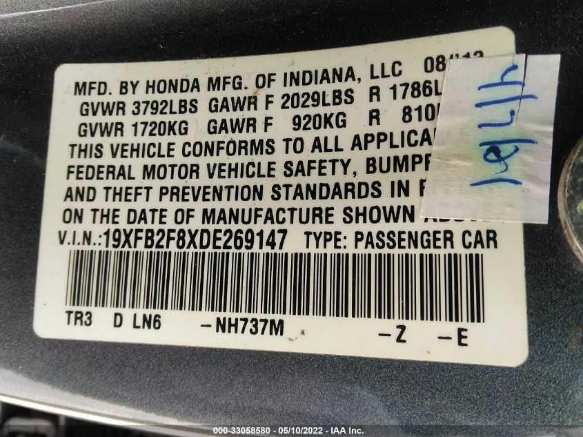 2013 HONDA CIVIC SDN EX 19XFB2F8XDE269147
