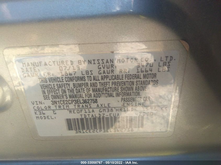 2014 NISSAN VERSA NOTE S/S PLUS/SV/SL 3N1CE2CP3EL362758