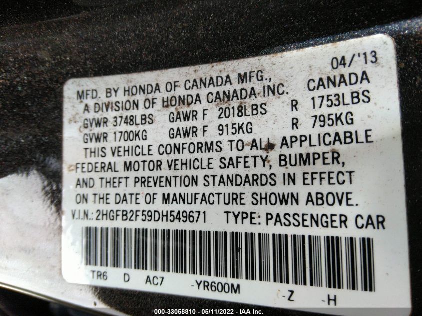 2013 HONDA CIVIC SDN LX 2HGFB2F59DH549671