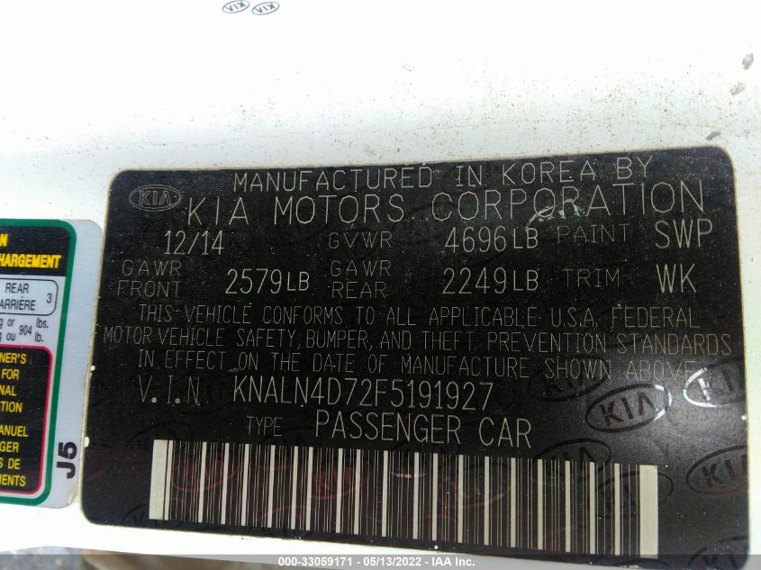 2015 KIA CADENZA PREMIUM KNALN4D72F5191927
