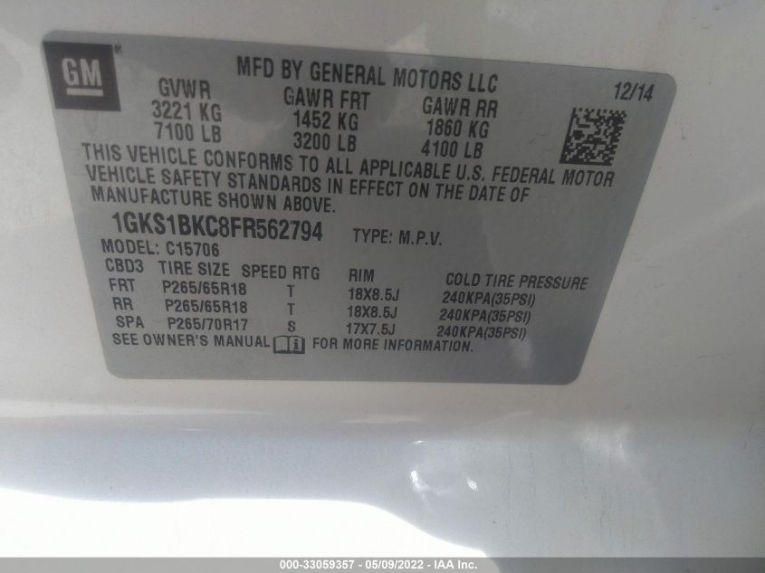 2015 GMC YUKON SLT 1GKS1BKC8FR562794