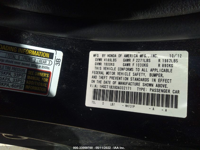 2013 HONDA ACCORD CPE LX-S 1HGCT1B39DA002171