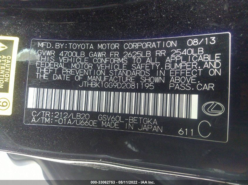 2013 LEXUS ES 350 4DR SDN JTHBK1GG9D2081195