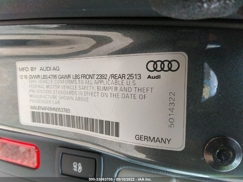 2017 AUDI A4 PREMIUM PLUS WAUENAF49HN053783