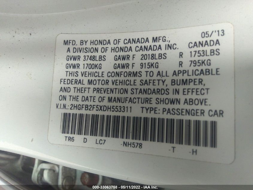 2013 HONDA CIVIC SDN LX 2HGFB2F5XDH553311