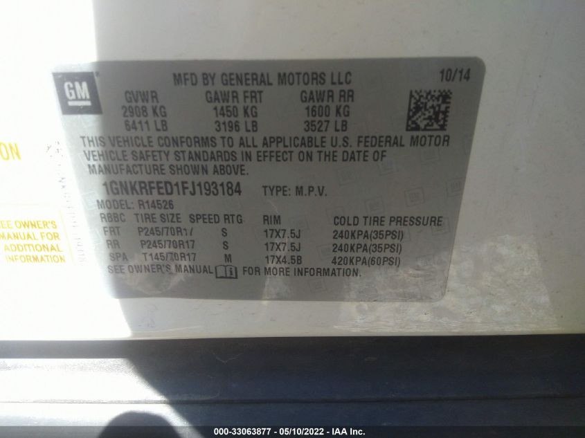 2015 CHEVROLET TRAVERSE LS 1GNKRFED1FJ193184