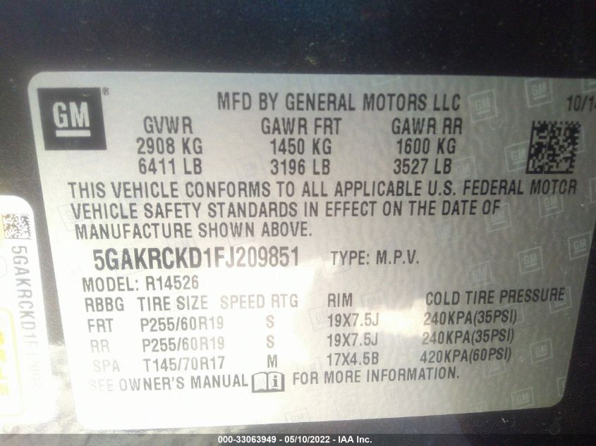 2015 BUICK ENCLAVE PREMIUM 5GAKRCKD1FJ209851