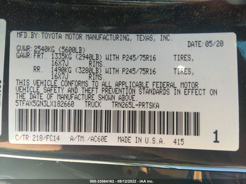 2020 TOYOTA TACOMA 2WD SR/SR5 5TFAX5GN3LX182660