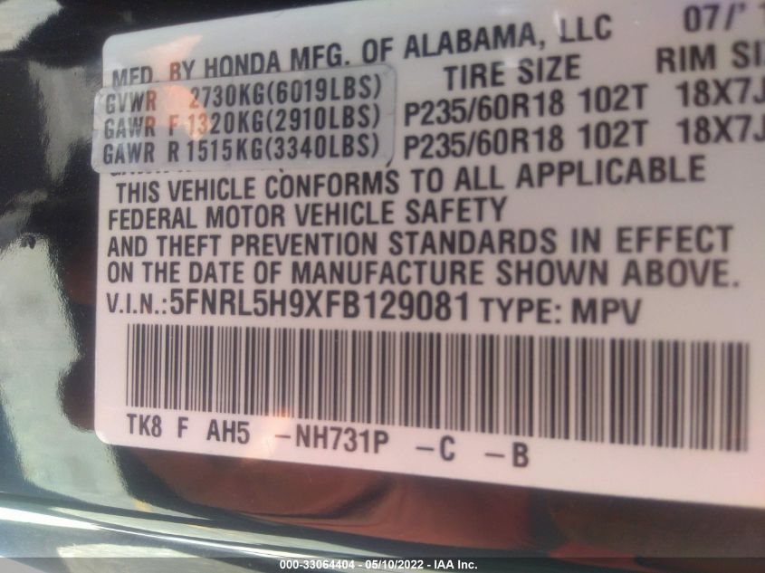 2015 HONDA ODYSSEY TOURING/TOURING ELITE 5FNRL5H9XFB129081