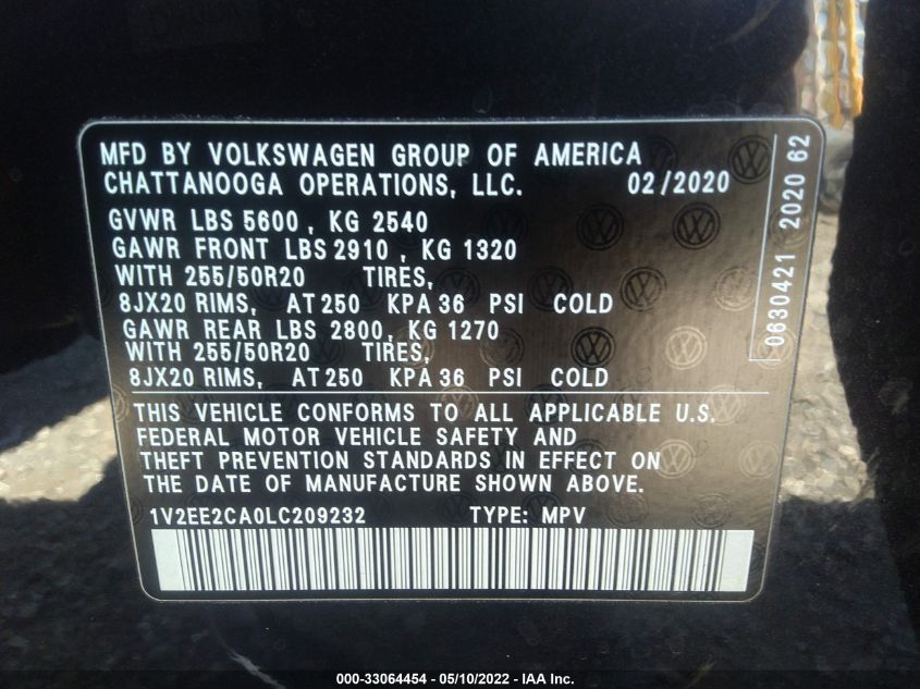 2020 VOLKSWAGEN ATLAS CROSS SPORT 3.6L V6 SEL 1V2EE2CA0LC209232