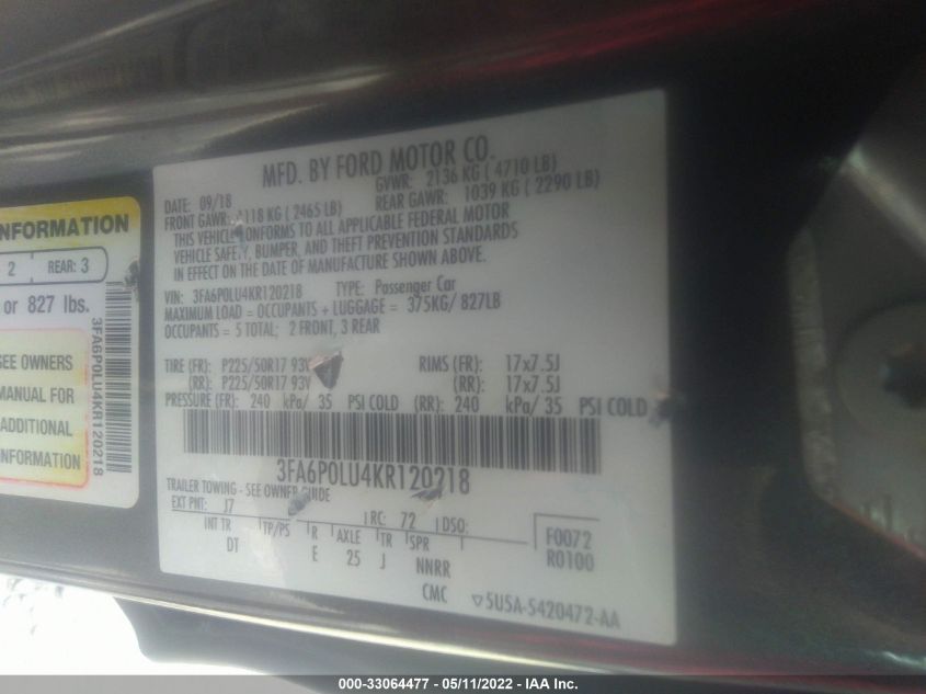 2019 FORD FUSION HYBRID SE 3FA6P0LU4KR120218