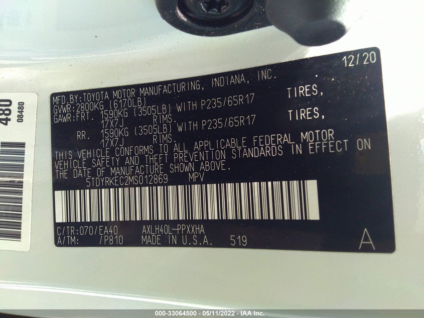 Auction sale of the 2021 Toyota Sienna , vin: 5TDYRKEC2MS012869, lot number: 33064500