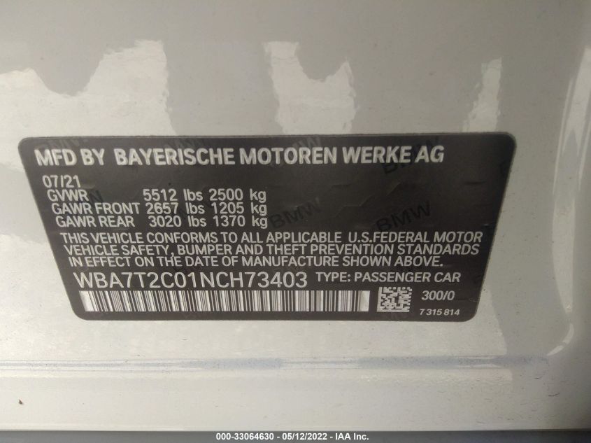2022 BMW 7 SERIES 740I WBA7T2C01NCH73403