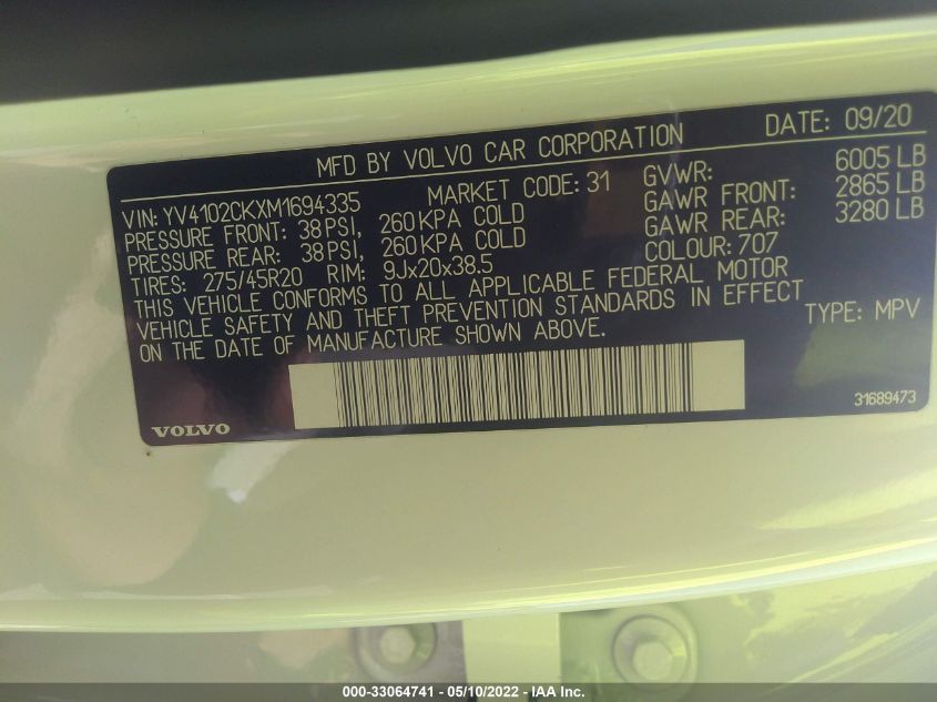 2021 VOLVO XC90 MOMENTUM YV4102CKXM1694335