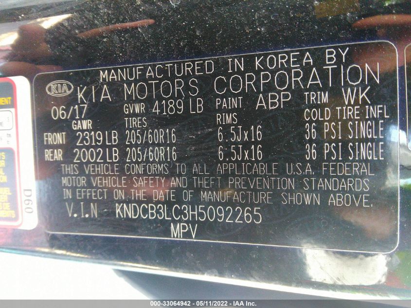 2017 KIA NIRO LX KNDCB3LC3H5092265