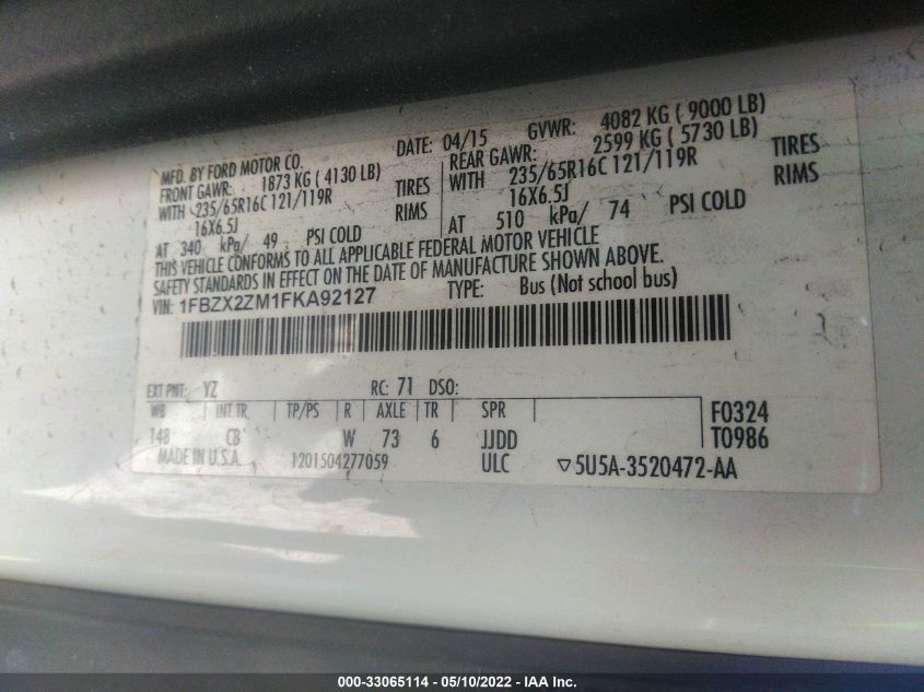 2015 FORD TRANSIT WAGON XL/XLT 1FBZX2ZM1FKA92127