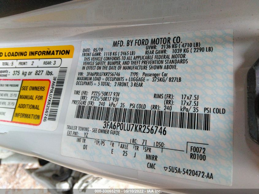 2019 FORD FUSION HYBRID SE 3FA6P0LU7KR256746