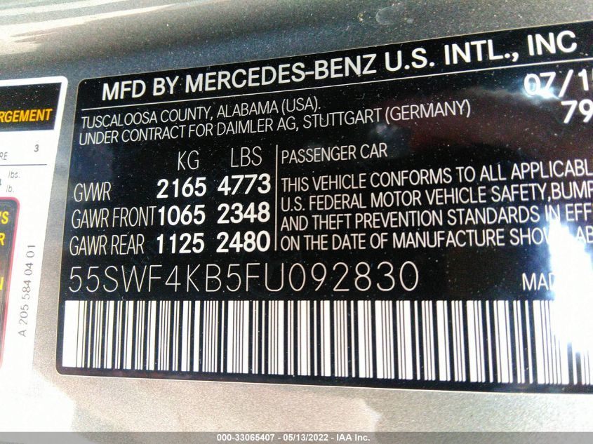 2015 MERCEDES-BENZ C-CLASS C 300 55SWF4KB5FU092830