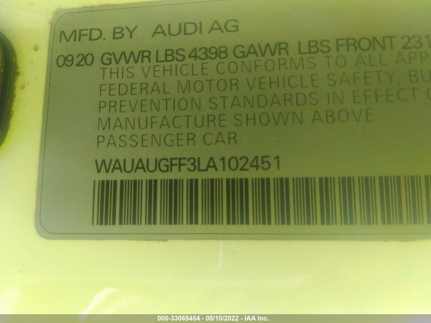 2020 AUDI A3 SEDAN PREMIUM WAUAUGFF3LA102451