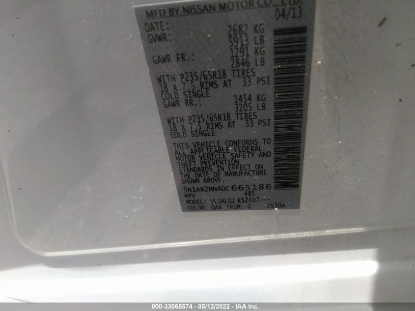 2013 NISSAN PATHFINDER SL 5N1AR2MN4DC665186