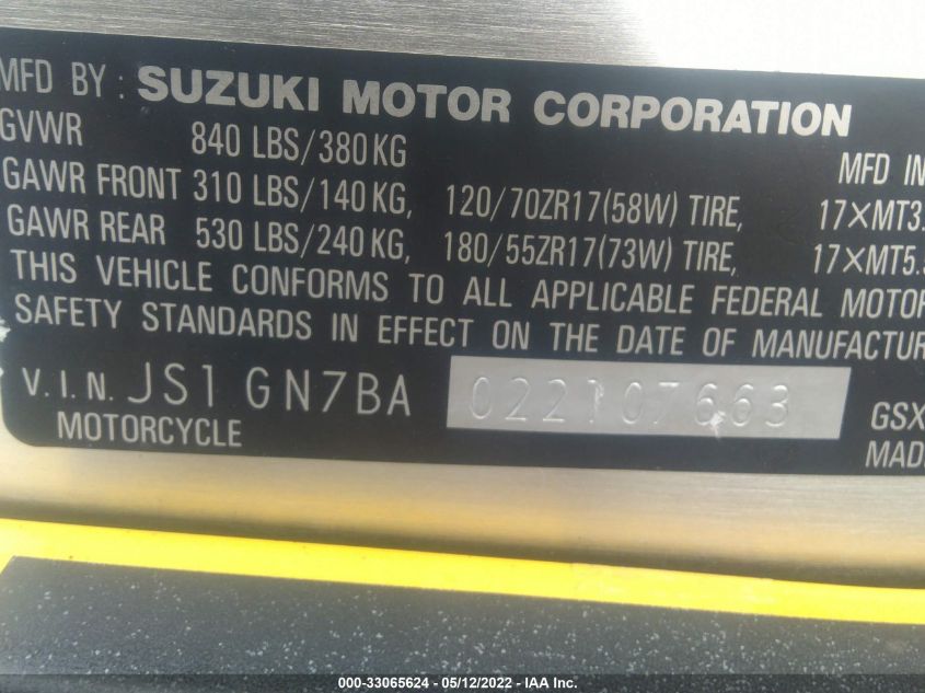 2002 SUZUKI GSX-R600 JS1GN7BA022107663