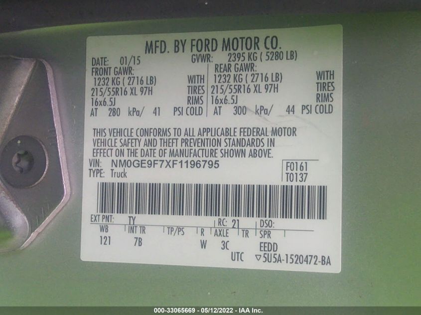 2015 FORD TRANSIT CONNECT WAGON XLT NM0GE9F7XF1196795