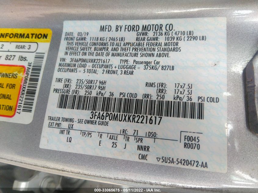 2019 FORD FUSION HYBRID SEL 3FA6P0MUXKR221617