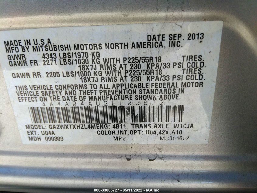 2014 MITSUBISHI OUTLANDER SPORT SE 4A4AR4AU2EE008221