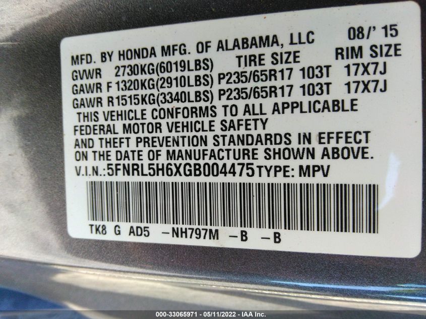 2016 HONDA ODYSSEY EXL 5FNRL5H6XGB004475