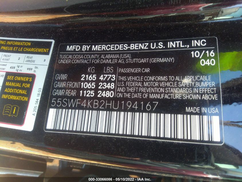 2017 MERCEDES-BENZ C-CLASS C 300 55SWF4KB2HU194167