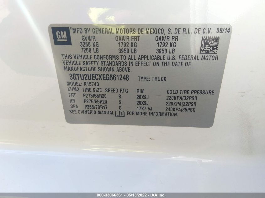 2014 GMC SIERRA 1500 K1500 SLE 3GTU2UECXEG561248
