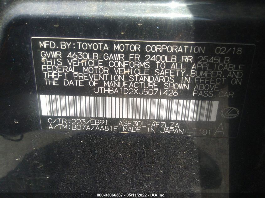 2018 LEXUS IS IS 300 JTHBA1D2XJ5071426