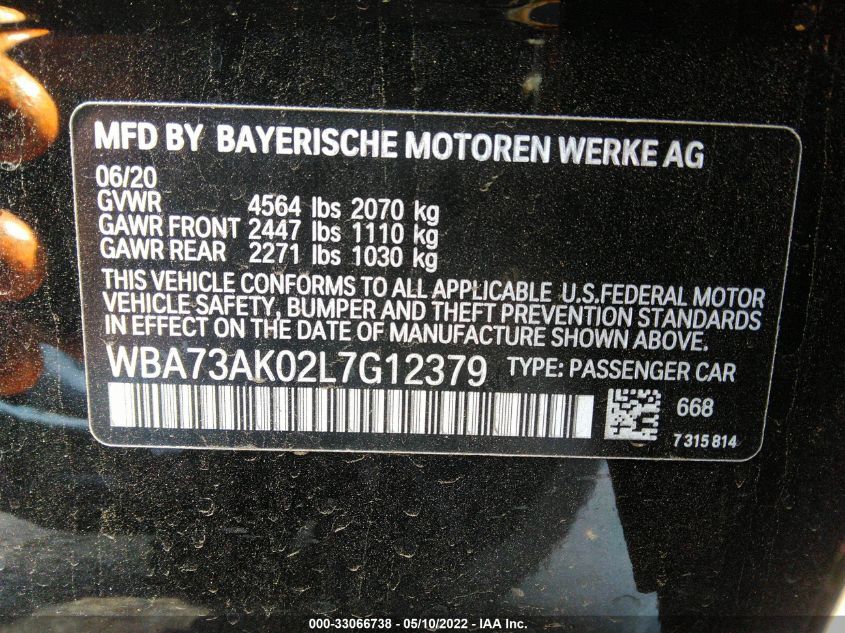 2020 BMW 2 SERIES 228I XDRIVE WBA73AK02L7G12379