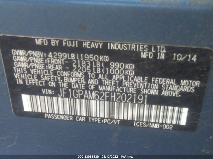 2015 SUBARU IMPREZA WAGON 2.0I LIMITED JF1GPAM62FH202191