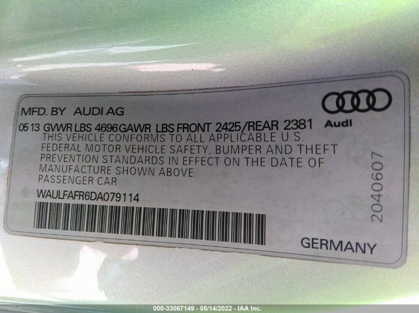 2013 AUDI A5 PREMIUM PLUS WAULFAFR6DA079114