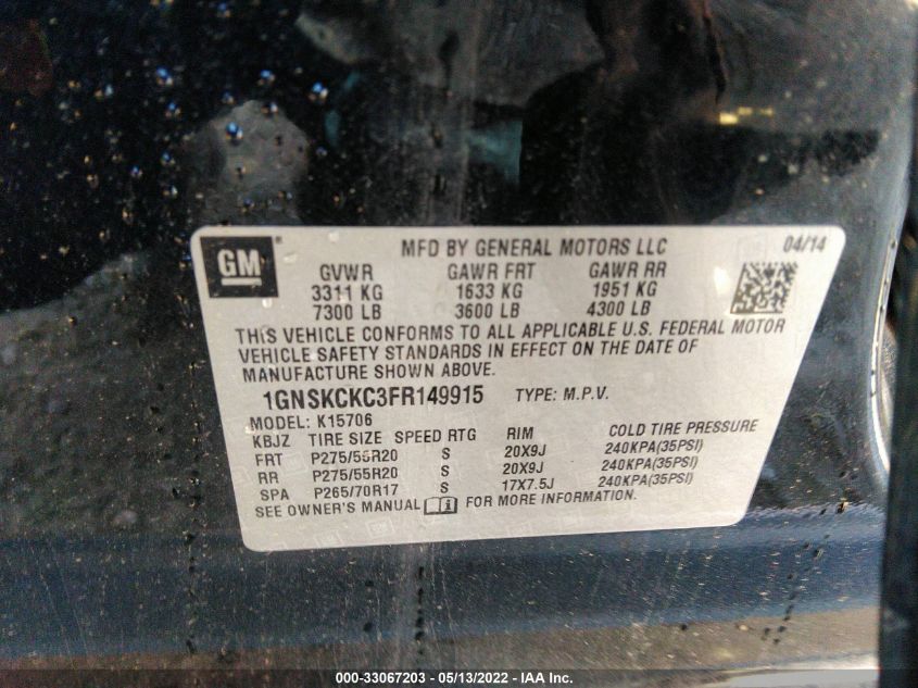 2015 CHEVROLET TAHOE LTZ 1GNSKCKC3FR149915