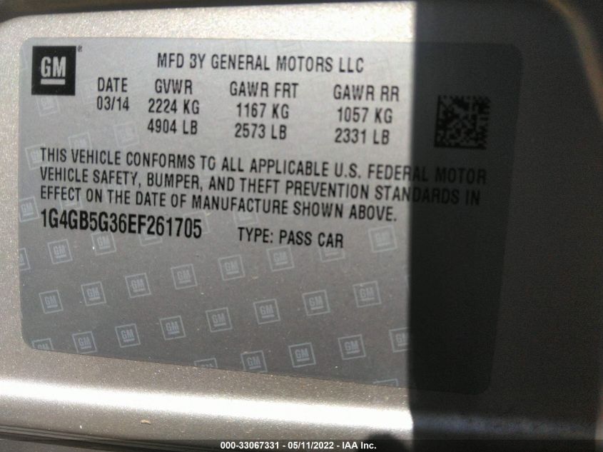 2014 BUICK LACROSSE LEATHER 1G4GB5G36EF261705