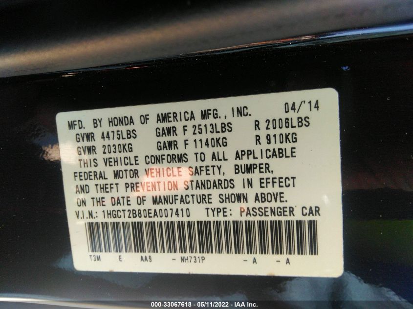 2014 HONDA ACCORD COUPE EXL 1HGCT2B80EA007410