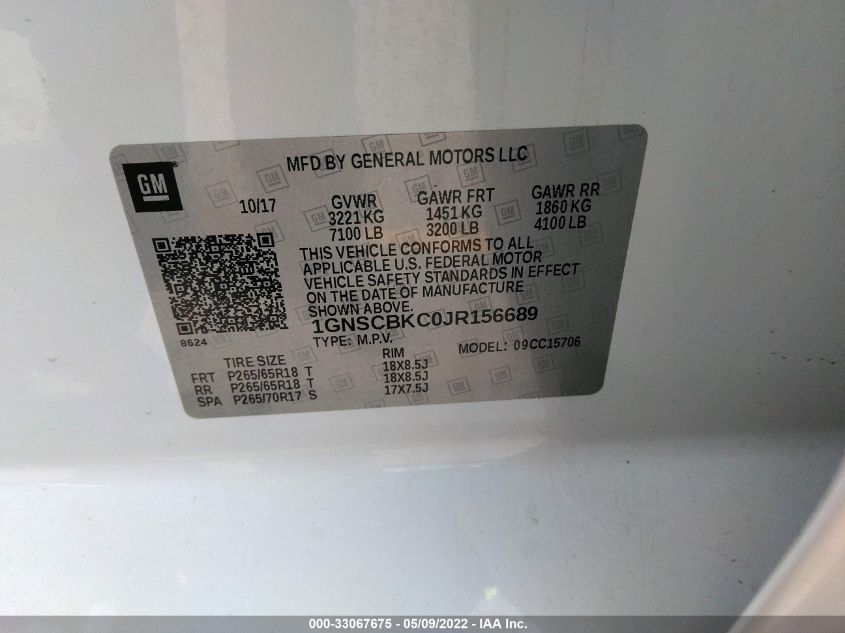 2018 CHEVROLET TAHOE LT 1GNSCBKC0JR156689
