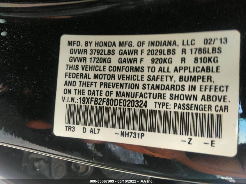 2013 HONDA CIVIC SDN EX 19XFB2F80DE020324