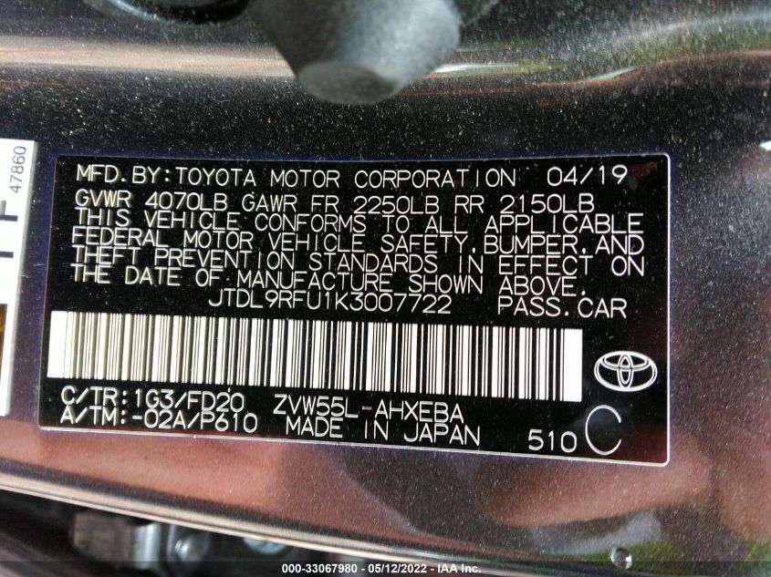 2019 TOYOTA PRIUS LE/XLE JTDL9RFU1K3007722