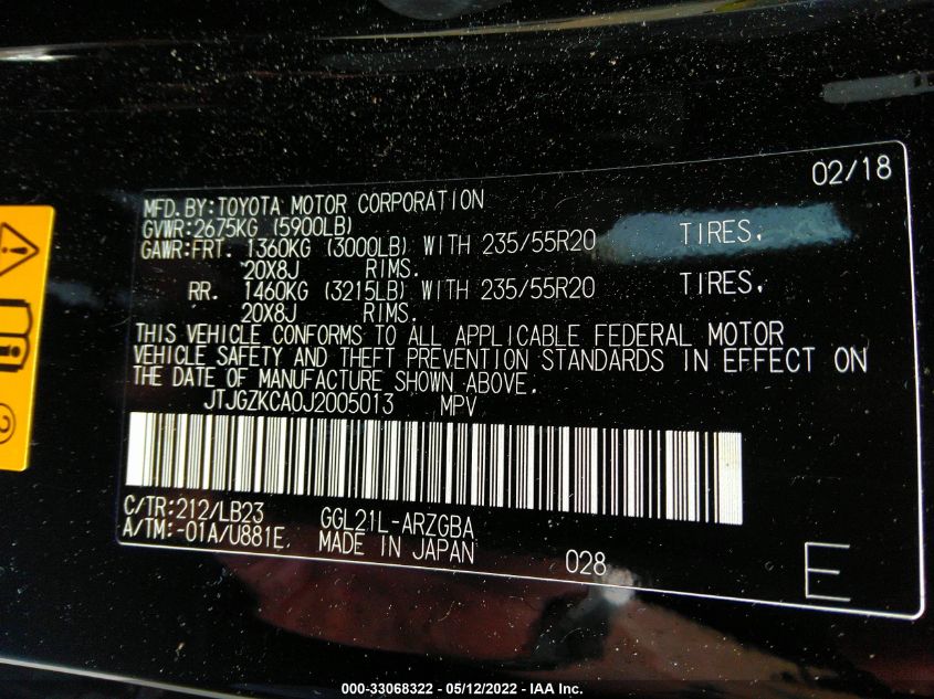 2018 LEXUS RX RX 350L JTJGZKCA0J2005013