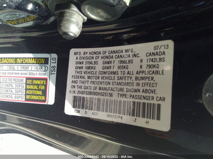 2013 HONDA CIVIC CPE LX 2HGFG3B59DH525156