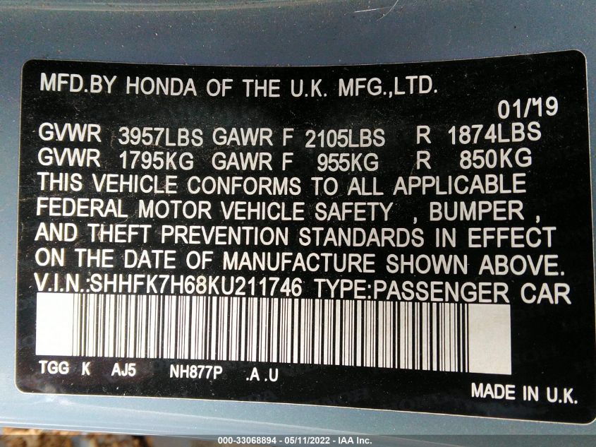2019 HONDA CIVIC HATCHBACK EX SHHFK7H68KU211746