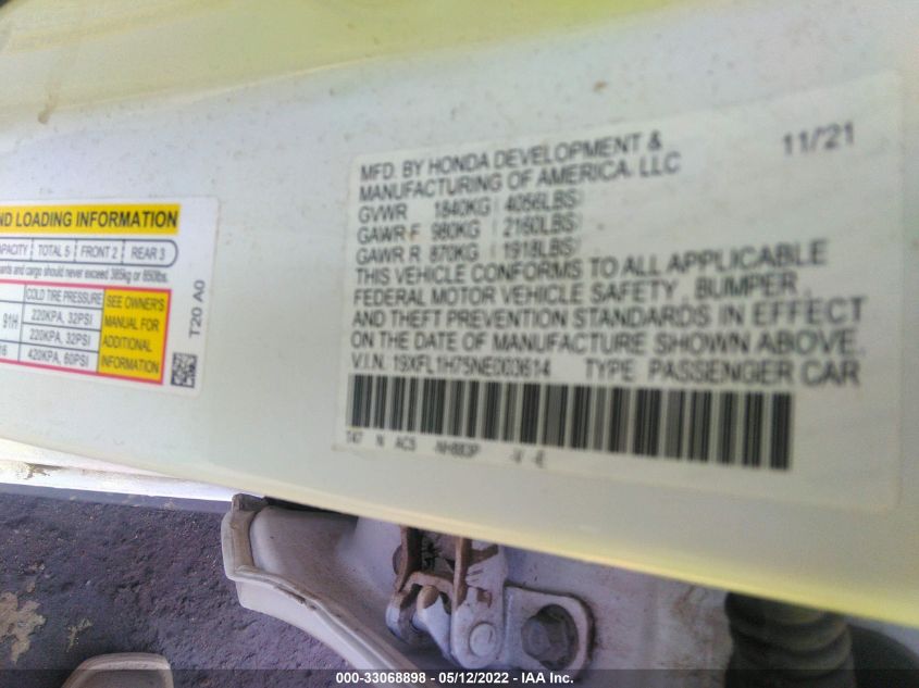 2022 HONDA CIVIC HATCHBACK EX-L 19XFL1H75NE003614