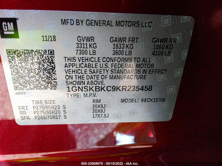 2019 CHEVROLET TAHOE LT 1GNSKBKC9KR235458