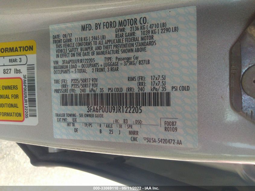 2018 FORD FUSION HYBRID S 3FA6P0UU9JR122205