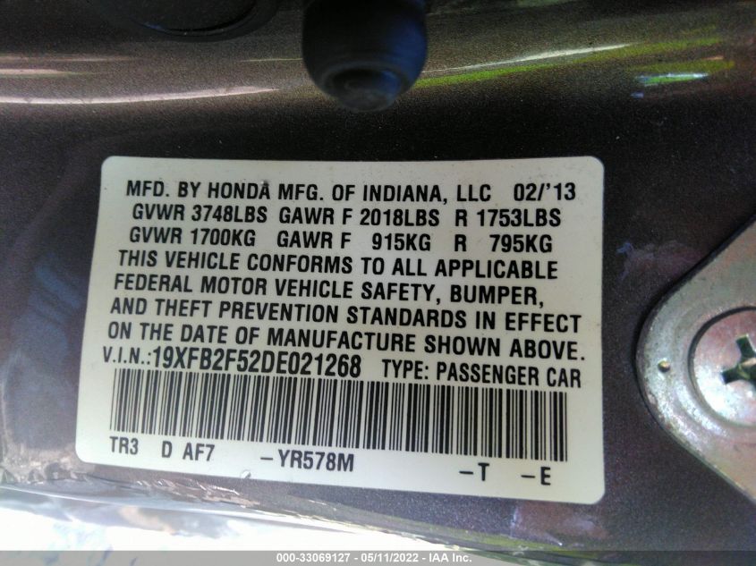 2013 HONDA CIVIC SDN LX 19XFB2F52DE021268