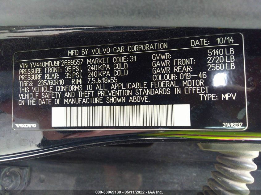 2015 VOLVO XC60 T5 DRIVE-E YV440MDJ9F2689557